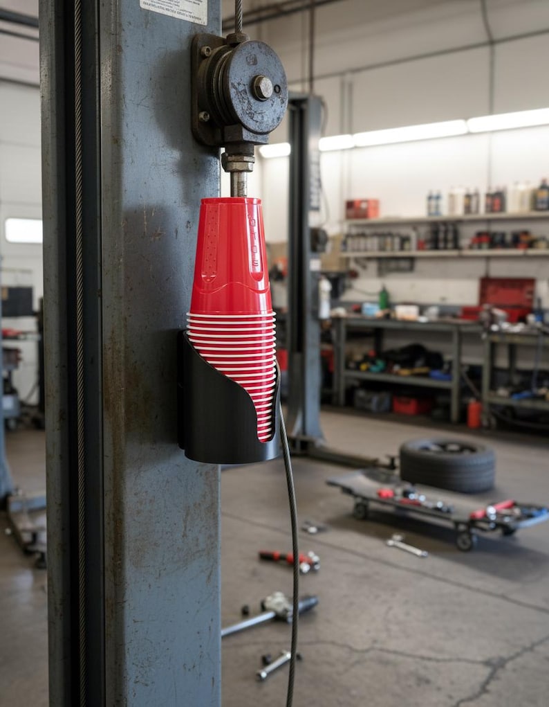 May include: A black plastic cup dispenser mounted to a metal pillar, holding a stack of red plastic cups with white rims. The dispenser has a curved, open-front design that secures the cups in a vertical column for easy access in a workspace.