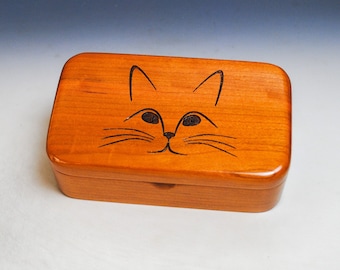 Wooden Box With Cat Face Engraving on Cherry - Handmade Treasure Box by BurlWoodBox - Purrfect Gift !