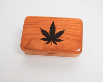 Cherry Wood Stash Box: Laser Engraved Pot Leaf Keepsake