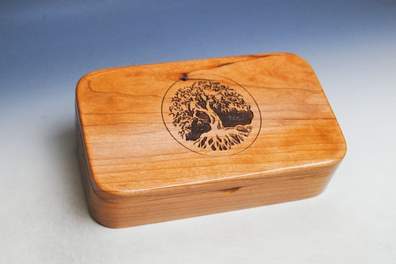 Wooden Box  With Engraved Tree of Life on Cherry- Small Stash Box or Jewelry Box - Sacred Tree - Sale - Character Mark on Cherry