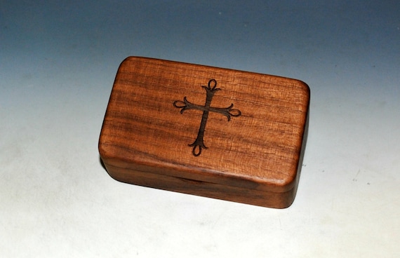 Small Wooden Box With Cross Engraving on Walnut -  Rosary Box - Handmade in USA With Food Grade Finish - Spiritual Gift - Communion Gift