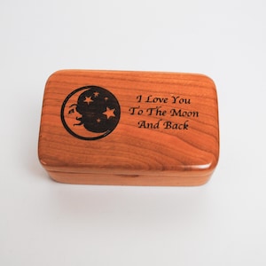 Wooden Box With I Love You To The Moon & Back on Cherry by BurlWoodBox With a Crescent Moon and Stars - Special Handmade Gift