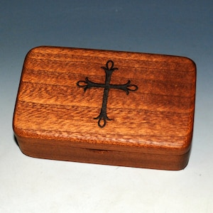 Small Wooden Box With Cross Engraving on Mahogany -  Rosary Box - Handmade Tiny Wood Box With Food Grade Finish - Small Religious Gift