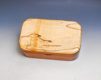 Wooden Trinket Box With Hinged Lid of Spalted Maple on Mahogany- USA Made Small Wood Jewelry Box