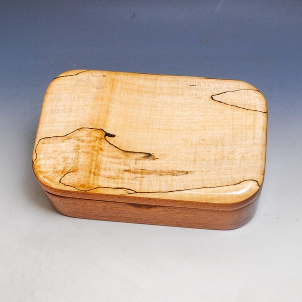 Wooden Trinket Box With Hinged Lid of Spalted Maple on Mahogany- USA Made Small Wood Jewelry Box