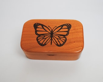 Handmade Cherry Wooden Box: Engraved Monarch Butterfly Trinket Box