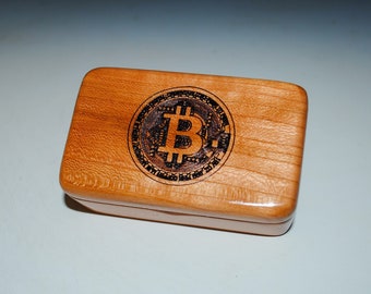 Small Wooden Box With a Bitcoin Engraved on Cherry - Handmade Wood Box by BurlWoodBox - Cryptocurrency, Bitcoin Storage Box