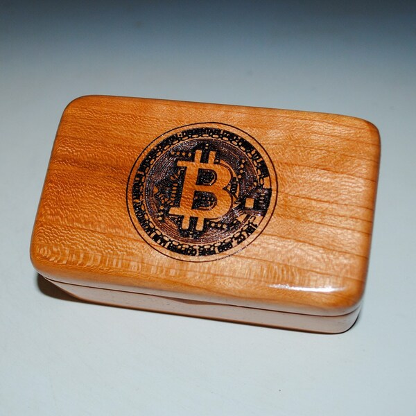 Small Wooden Box With a Bitcoin Engraved on Cherry - Handmade Wood Cryptocurrency, Bitcoin Storage Box - SALE 7 off free shipping