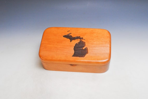 Michigan Map Wooden Treasure Box of Natural Cherry Handmade in the USA by BurlWoodBox - SALE !