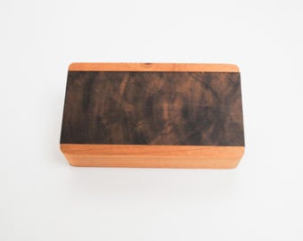 Small Cherry Wood Box with Figured Walnut Slide Top - Food Safe