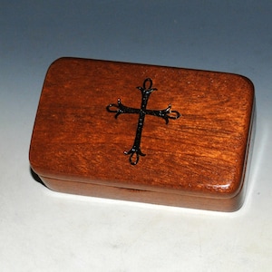 Small Wooden Box With Cross Engraving on Mahogany -  Rosary Box - Handmade Tiny Wood Box - Small Religious Gift