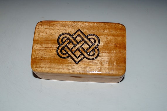 Small Wooden Box With Celtic Wedding Hearts Engraved on Light Mahogany - Handmade by BurlWoodBox - Irish Wedding Hearts