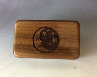 Small Wooden Box With Moon & Stars of Walnut - Handmade Wood Box By BurlWoodBox With Hinged Lid - Gift or USB Holder - Celestial Box