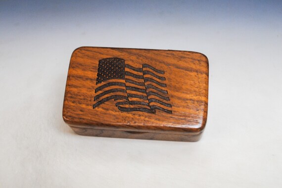 Small Wooden Box With an Engraved United States Flag of Walnut - Made in America ! Sale - Knot on Back of Box