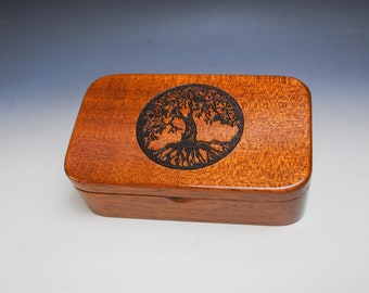 Tree of Life Engraved Wooden Treasure Box of Mahogany - Handmade in the USA by BurlWoodBox