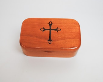 Engraved Cross Cherry Wood Trinket Box - Handmade Religious Gift