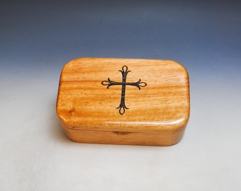 Wooden Trinket Box With Engraved Cross on Light Mahogany - Handmade Wood Box by BurlWoodBox - Religious Gift