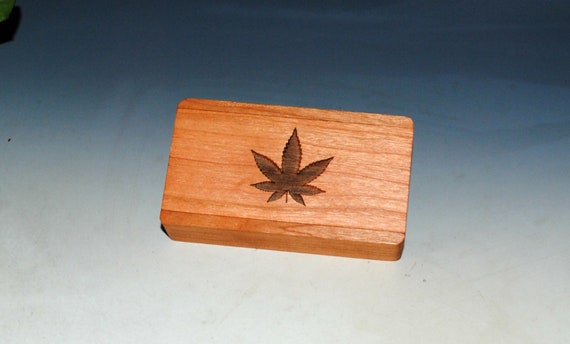 Slide Top Wood Box of Cherry With Cannabis Leaf Slide - Food Safe Finish - USA Made by BurlWoodBox