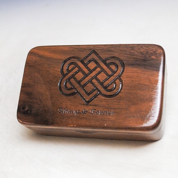 Small Wooden Box With Engraved Celtic Wedding Hearts on Walnut with Always & Forever - Handmade Box by BurlWoodBox - Irish Wedding Hearts