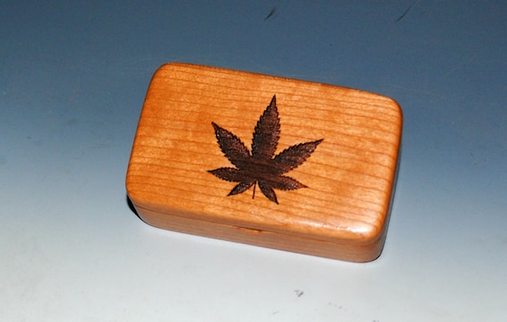 Wooden Box With a Pot Leaf on Cherry - Cannabis Leaf Box, Jewelry Box, Keepsake Box, Small Stash Box - American Made Gift