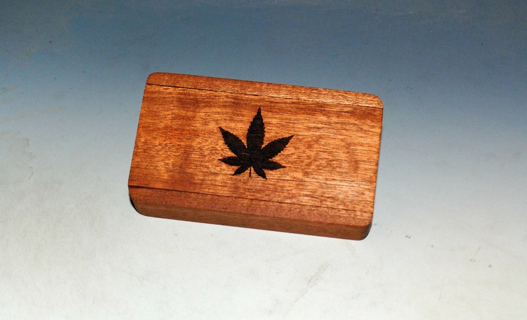 Wood Box With Cannabis Leaf Engraved Slide of Mahogany Food Safe Finish Small Gift Box Thumb