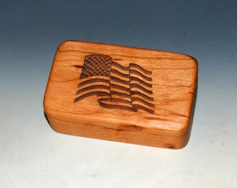 Wood Box With a US Flag on Cherry - Waving Flag Box With Food Safe Finish - Keepsake Box, Small Stash Box