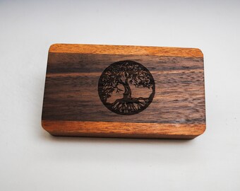 Slide Top Small Wood Box With Tree of Life  Engraved of Mahogany with Walnut slide - USA Made by BurlWoodBox With a Food Safe Finish