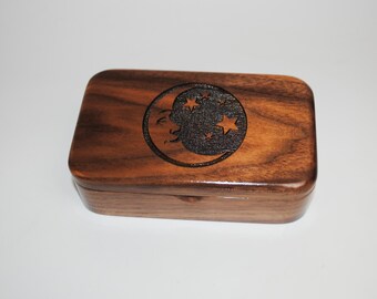 Laser Engraved Moon & Stars Walnut Wood Treasure Box - Handmade