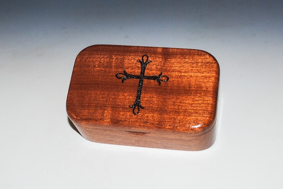 Wooden Trinket Box With Engraved Cross on Mahogany - Handmade Wood Box by BurlWoodBox - Religious Gift