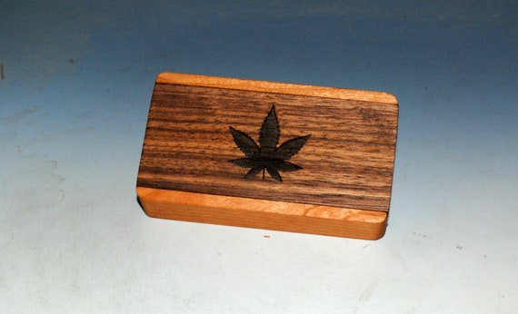 Slide Top Wood Box of Cherry With Walnut Cannabis Leaf Slide Top - Food Safe Finish