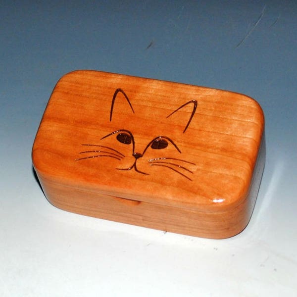 Wooden Trinket Box With Cat Face Engraving on Cherry - Handmade Small Wood Box  - Purrfect Gift !