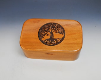 Tree of Life Engraved Wooden Trinket Box of Natural Cherry -  Handmade Wood Box by BurlWoodBox