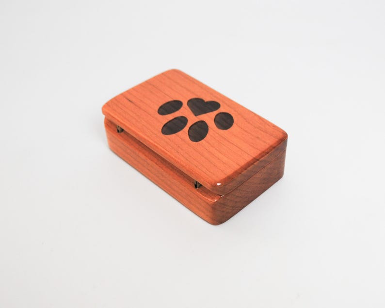 May include: A small wooden box with a hinged lid. The lid features a paw print design with a heart in the centre. The box is made of light brown wood.
