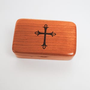 Handmade Cherry Rosary Box: Engraved Cross, Small Religious Gift