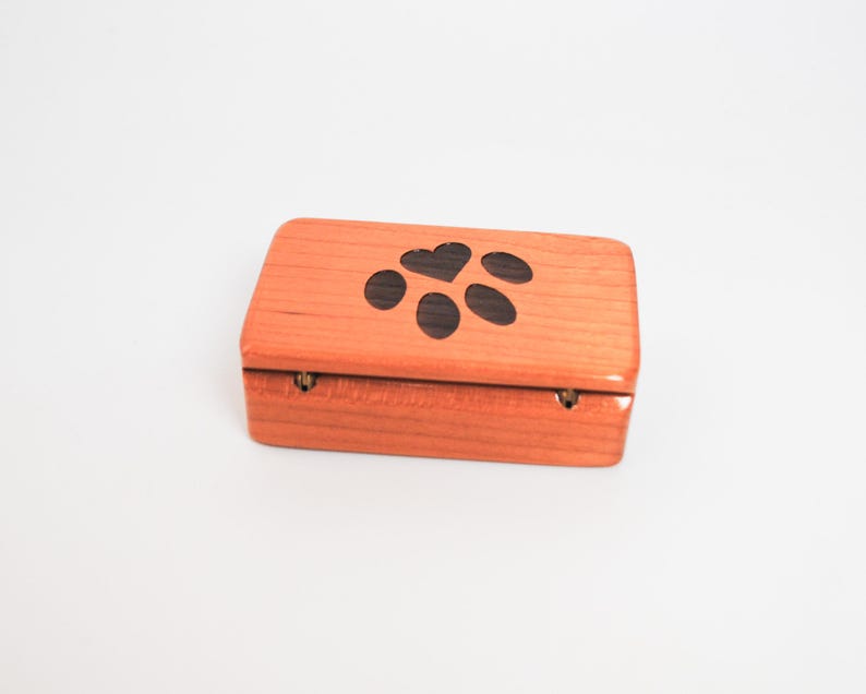 May include: A small wooden box with a hinged lid. The top of the box is decorated with a black paw print with a heart in the centre.