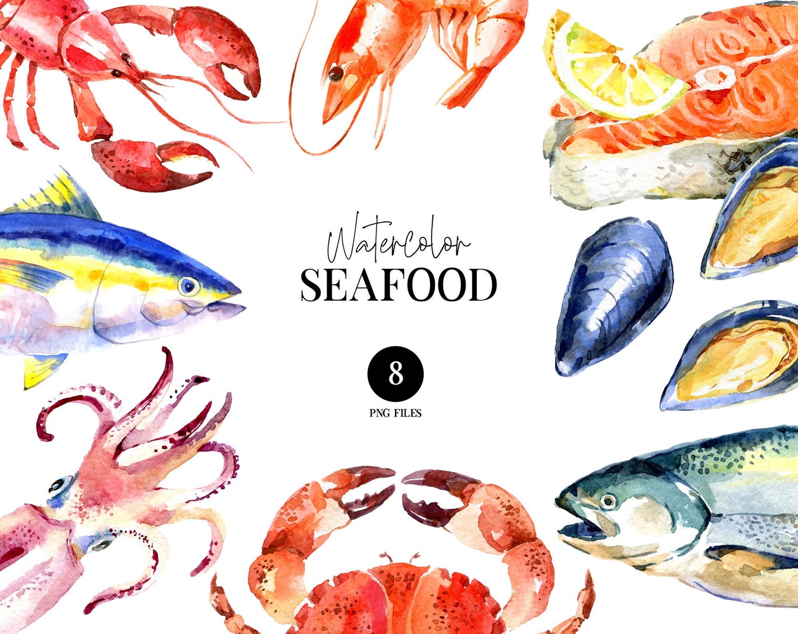 Watercolor Seafood Clip Art, Sea Food Clipart, Crab, Shrimp, Fish ...