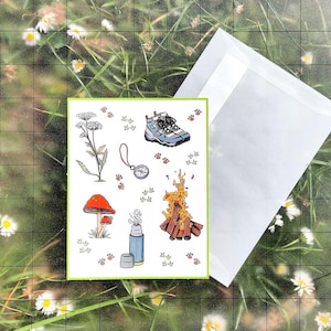 Autocollants essentiels de camping sur le thème de la randonnée/forêt pour ordinateurs portables, journaux, réfrigérateurs, etc.