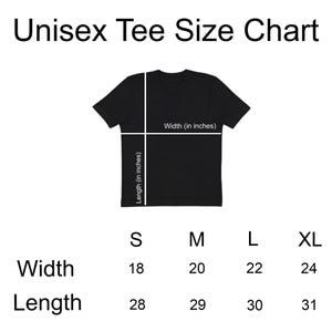 May include: A black t-shirt with a size chart. The chart shows width and length measurements in inches for sizes S, M, L, and XL. Width measurements range from 18 to 24 inches, and length measurements range from 28 to 31 inches. The text "Unisex Tee Size Chart" is at the top.
