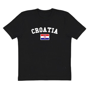 May include: Black t-shirt with the word "CROATIA" in white arched lettering. Below the text is a small Croatian flag. The shirt is a crew neck style.