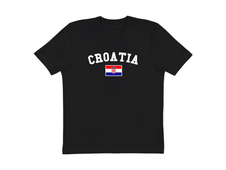 May include: Black t-shirt with the word "CROATIA" in white arched lettering. Below the text is a small Croatian flag. The shirt is a crew neck style.
