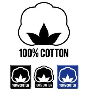 May include: A graphic featuring a cotton plant illustration in black and white, with the text "100% COTTON" below. Additional versions of the logo are shown in black and white, and blue and white, inside a square or rounded square.