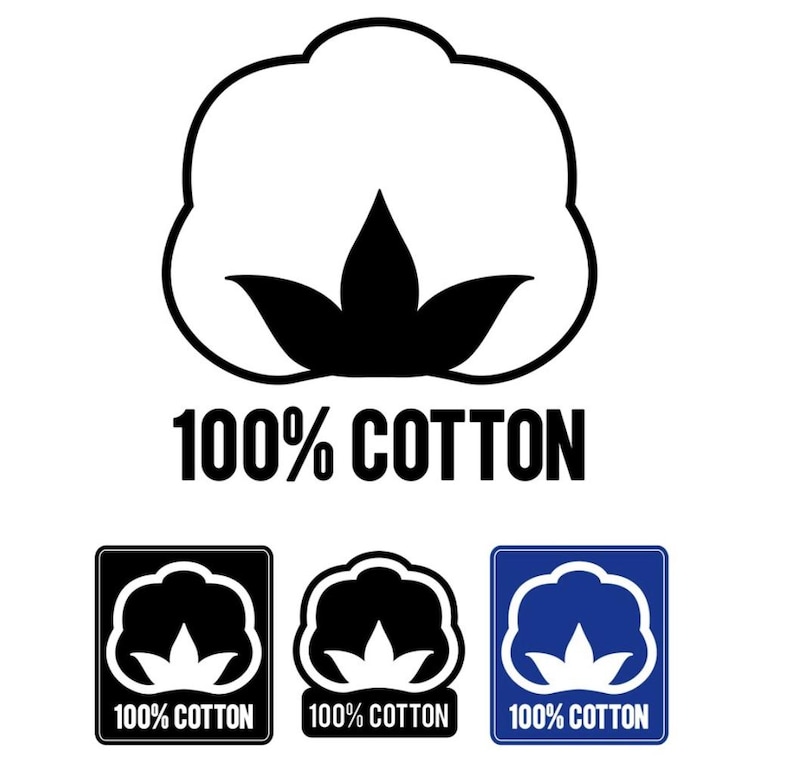 May include: A graphic featuring a cotton plant illustration in black and white, with the text "100% COTTON" below. Additional versions of the logo are shown in black and white, and blue and white, inside a square or rounded square.