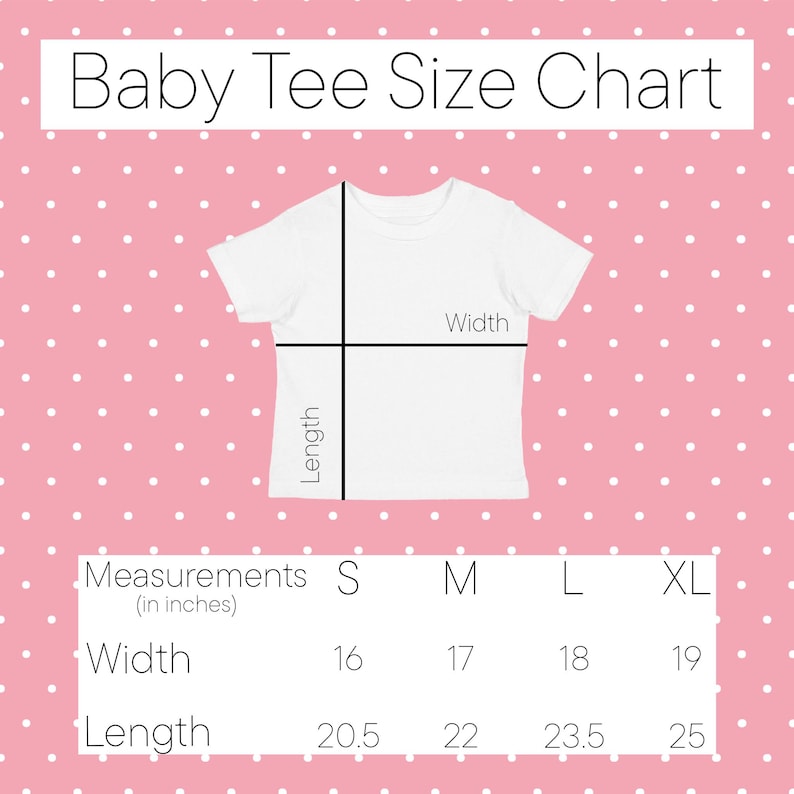 K&ouml;nnte beinhalten: Gr&ouml;&szlig;entabelle f&uuml;r Baby-T-Shirts mit Ma&szlig;en in Zoll f&uuml;r die Gr&ouml;&szlig;en S, M, L und XL. Die Tabelle zeigt die Breite und L&auml;nge jeder Gr&ouml;&szlig;e.