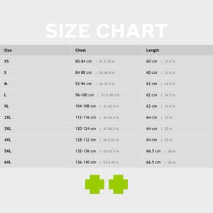 May include: A size chart with measurements in both centimeters and inches. The chart includes sizes XS to 6XL, with chest and length measurements. The text "SIZE CHART" is at the top of the image.