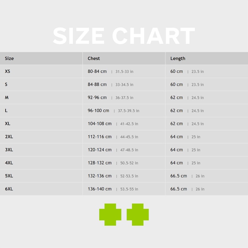 May include: A size chart with measurements in both centimeters and inches. The chart includes sizes XS to 6XL, with chest and length measurements. The text "SIZE CHART" is at the top of the image.