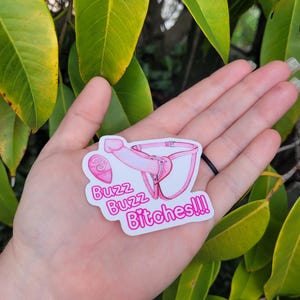 May include: A pink sticker featuring a cartoon illustration of a chastity device with a remote control. The sticker has the text "Buzz Buzz Bitches!!!" in pink and white, with a white border. The sticker is held in a hand.