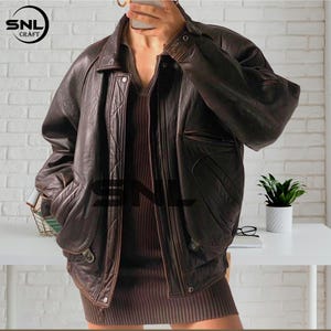 Blouson aviateur vintage en cuir marron foncé pour femme, coupe droite, veste en cuir de mouton pour femme, veste en cuir naturel souple, cadeau pour femme