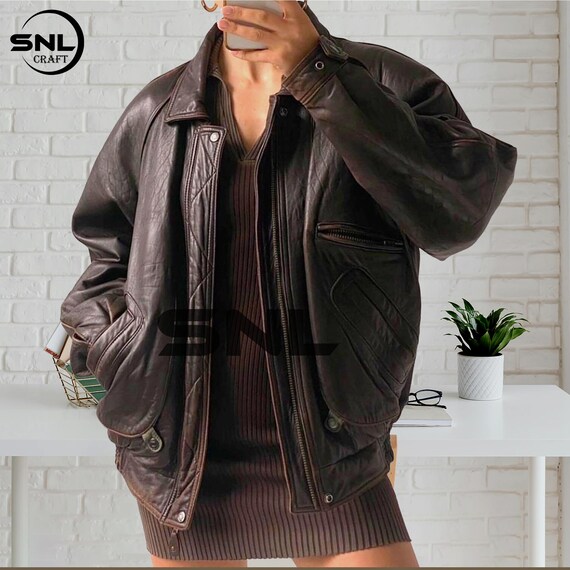 Vintage Brown Leather Bomber Jacket: Women's Straight Cut Vintage Brown Leather Bomber Jacket: Women's Straight Cut