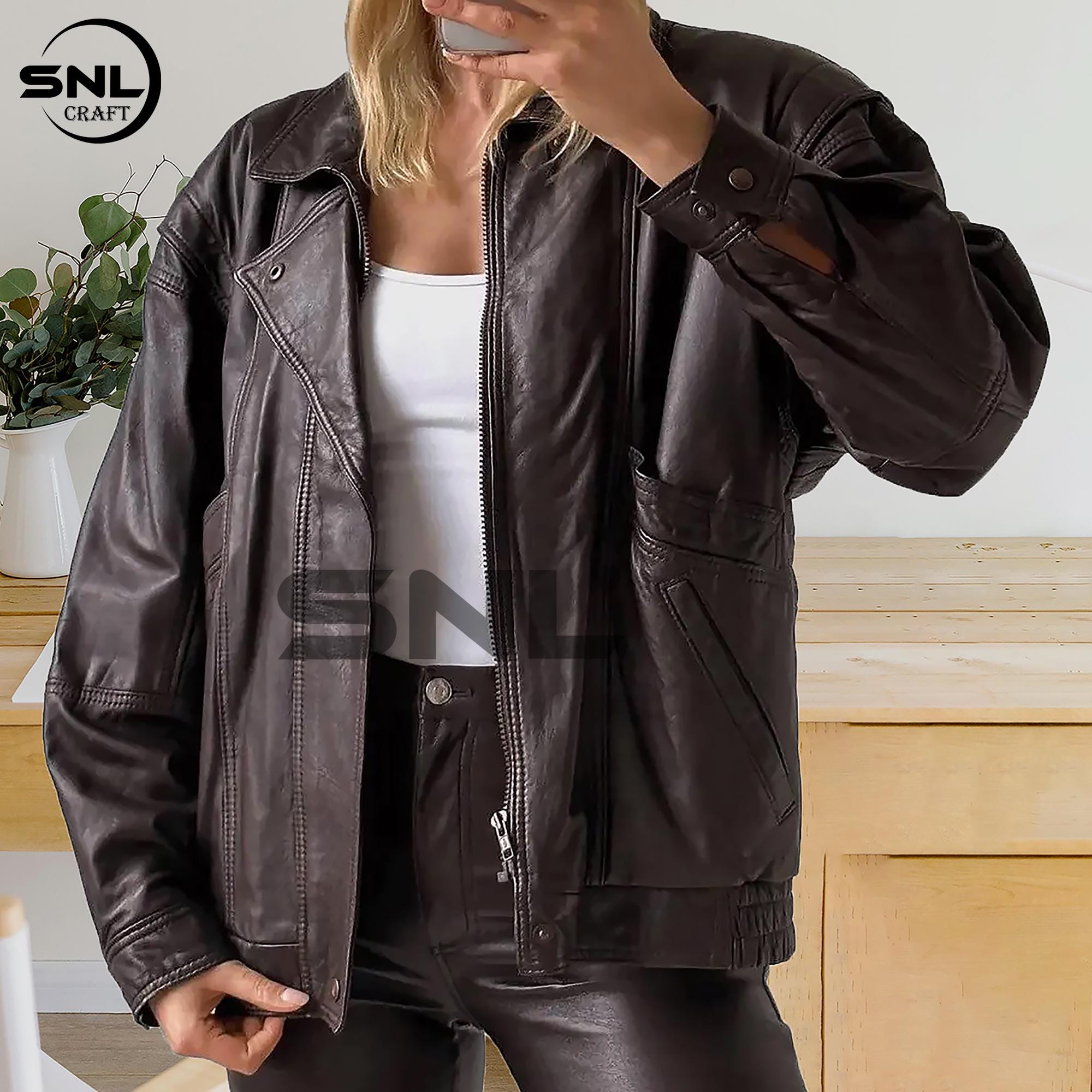 ジャケット・アウター vintage blmain real leather bomber jacke Oversized Brown Leather Bomber Jacket: Women's Vintage Style - Etsy