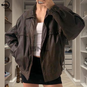 Oversized Lambskin Leather Bomber Jacket: Women&#39;s Brown Casual Wear